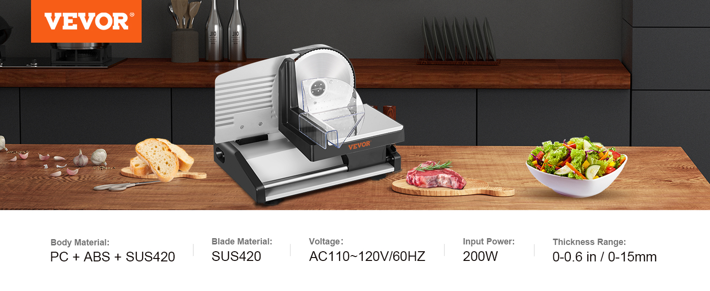 VEVOR Commercial Meat Slicer, 240W Electric Deli Food Slicer, 1200RPM Meat Slicer with 8'' Chromium-Plated Steel Blade, 0-12mm