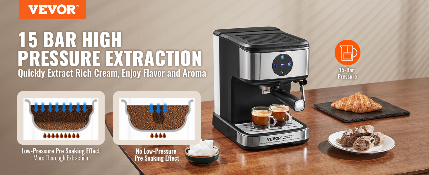 VEVOR Espresso Machine, 15 Bar Coffee and Espresso Maker with Milk Frother Steam Wand, Professional Semi-Automatic Cappuccino Latte Machine with Touch Screen & Removable Water Tank, NTC Control System