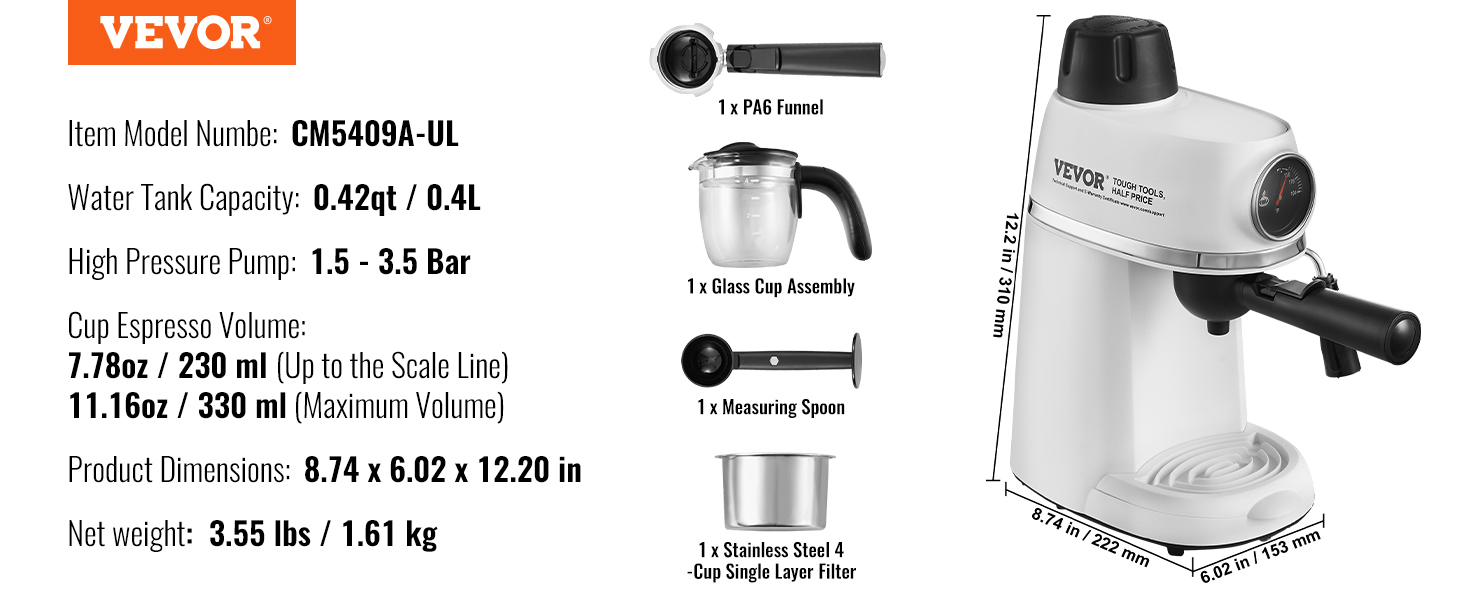 VEVOR Espresso Machine, 3.5 Bar Espresso Maker with Milk Frother Steam Wand, 4-Cup Professional Coffee/Espresso Machine with Temp Gauge & Removable Water Tank for Latte Cappuccino, NTC Control System