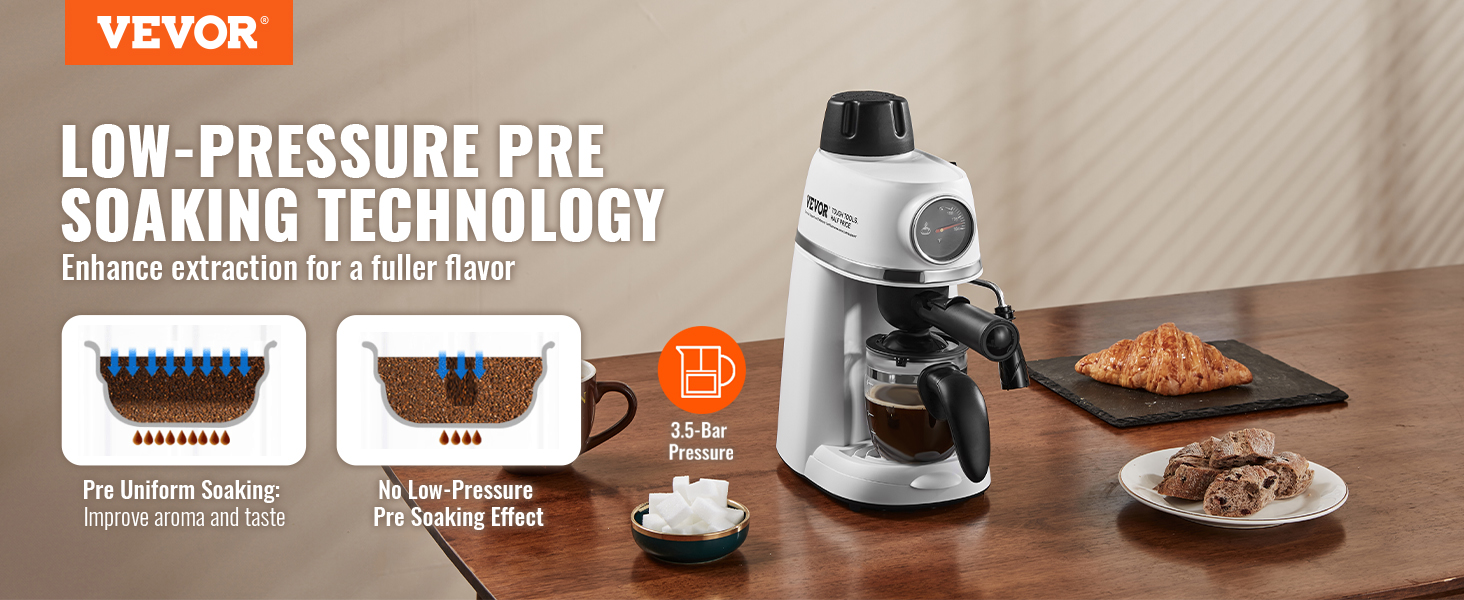 VEVOR Espresso Machine, 3.5 Bar Espresso Maker with Milk Frother Steam Wand, 4-Cup Professional Coffee/Espresso Machine with Temp Gauge & Removable Water Tank for Latte Cappuccino, NTC Control System