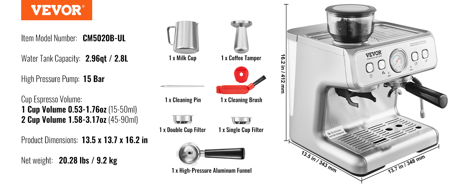 VEVOR espresso machine cm5020b-ul with milk cup, coffee tamper, high-pressure pump, and accessories.