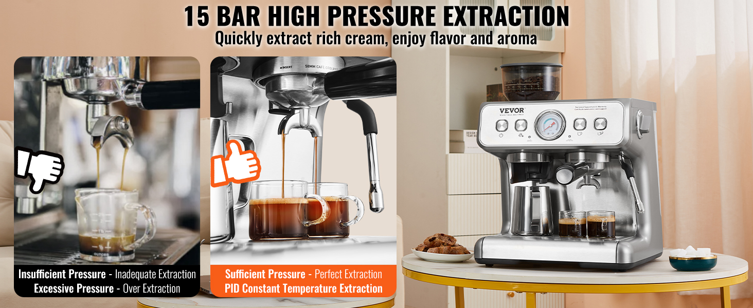 VEVOR espresso machine with 15 bar pressure for rich cream, perfect extraction, and aroma, shown in use.