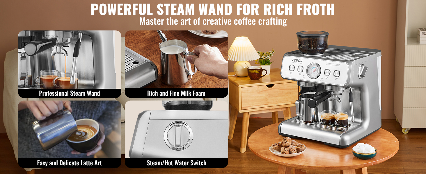 VEVOR espresso machine with steam wand, perfect for frothy milk, latte art, and rich coffee.