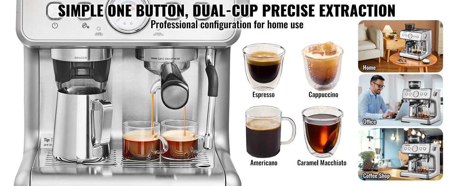 VEVOR espresso machine offering dual-cup extraction, perfect for making espresso, cappuccino, and more.