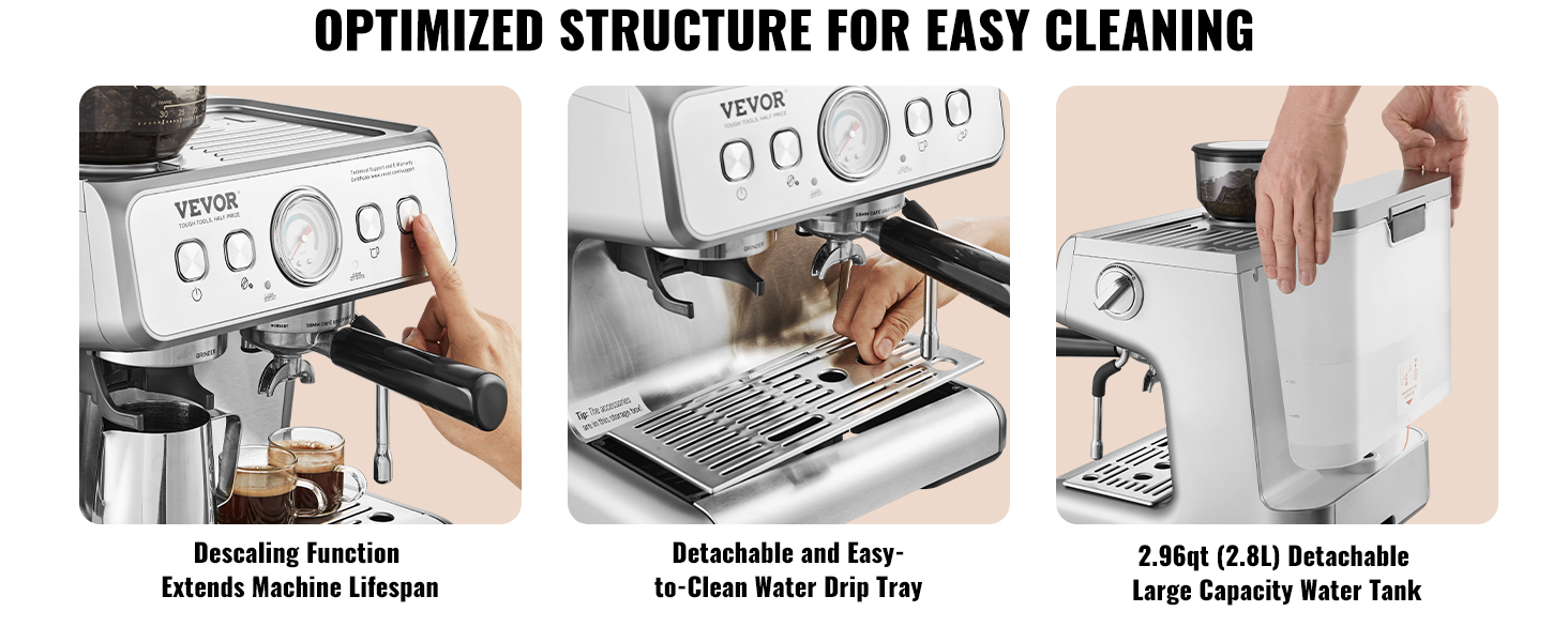 VEVOR espresso machine with descaling function, removable drip tray, and large detachable water tank.