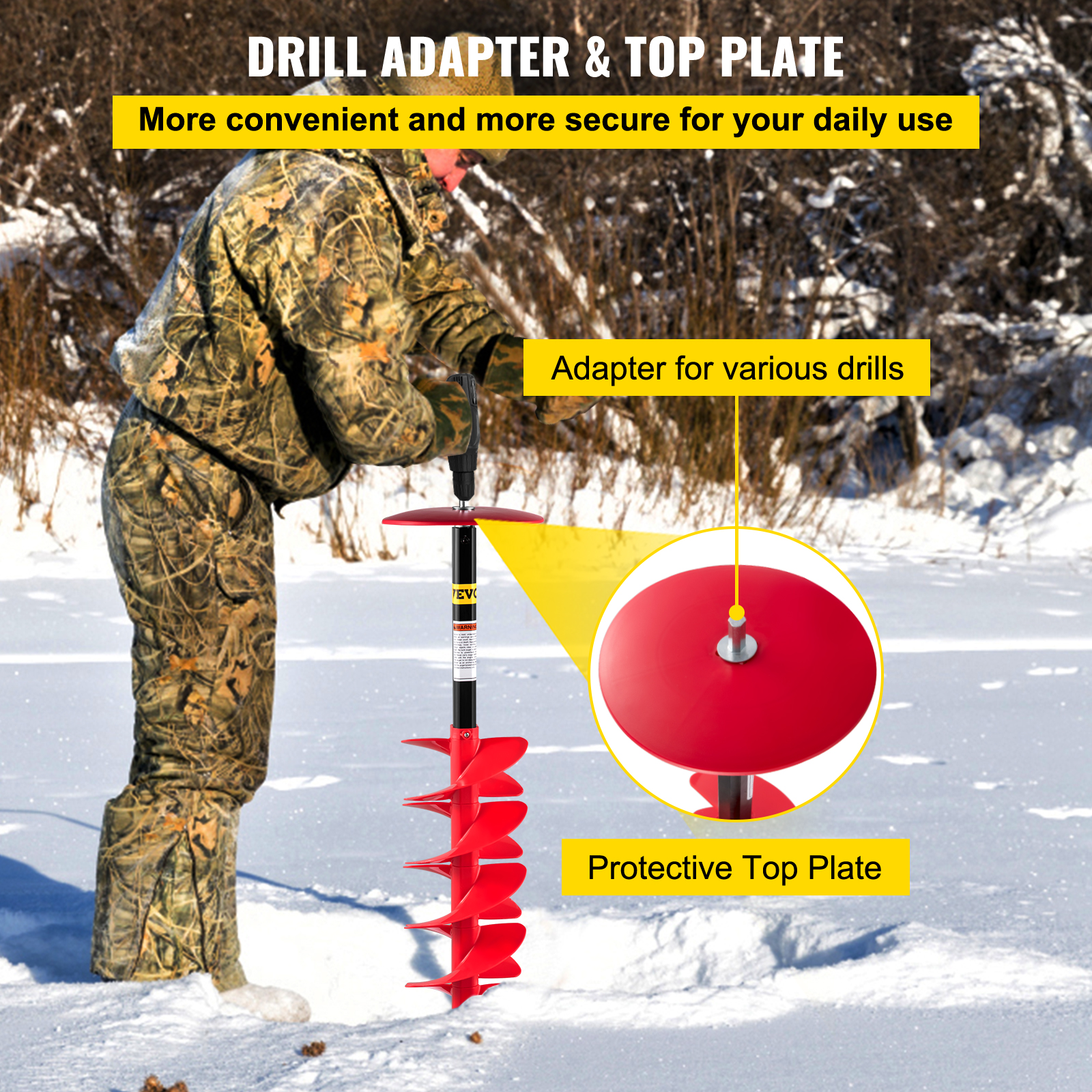 VEVOR Ice Drill Auger, 8 Diameter Nylon Ice Auger, 39 Length Ice Auger Bit,Auger Drill with 11.8 Extension Rod,Auger Bit w/Drill Adapter,Top