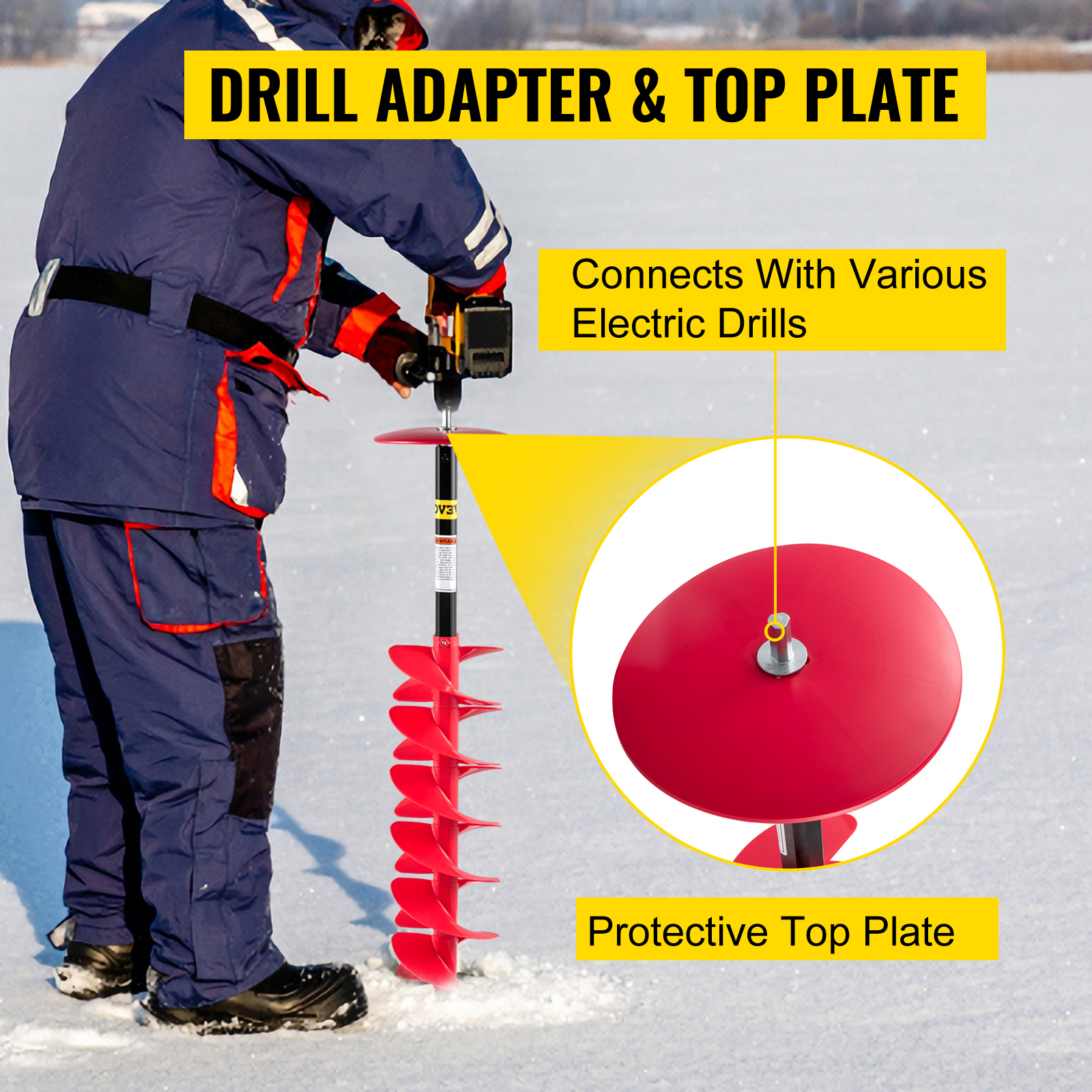 VEVOR Ice Drill Auger, 8 Diameter Nylon Ice Auger, 39 Length Ice Auger  Bit,Auger Drill with 11.8 Extension Rod,Auger Bit w/Drill Adapter,Top  Plate & Blade Guard for Ice Fishing Ice Burrowing Red