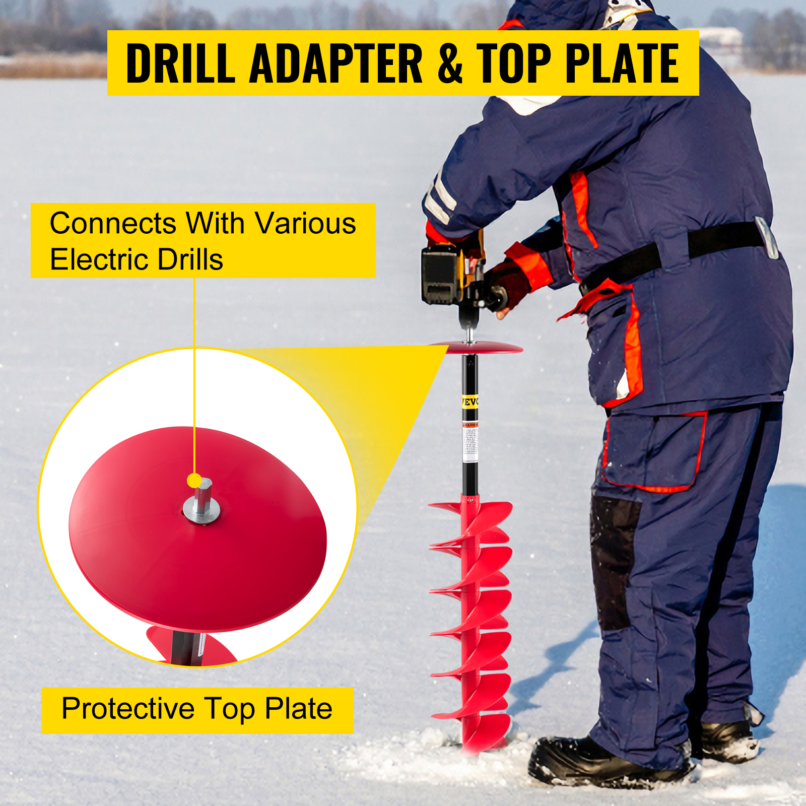 VEVOR Ice Drill Auger, 8'' Diameter Nylon Ice Auger, 41'' Length Ice Auger  Bit, Auger Drill w/ 14'' Adjustable Extension Rod, Rubber Handle, Drill