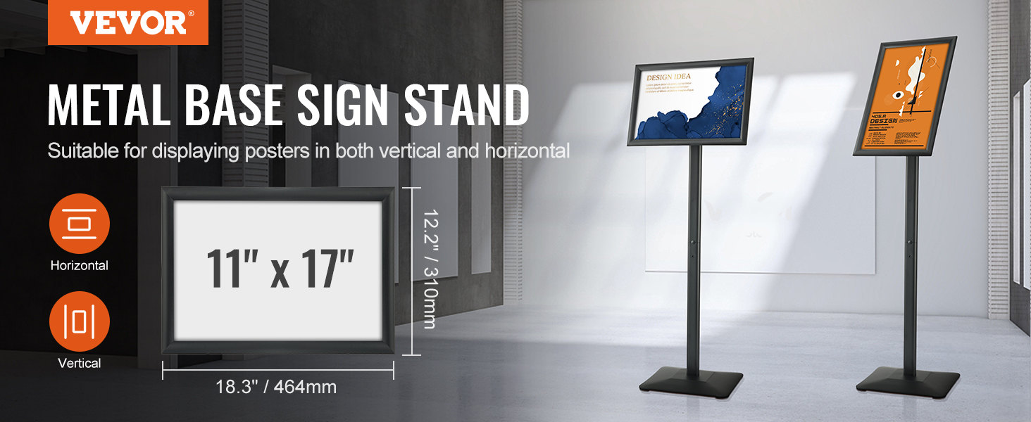 VEVOR Pedestal Sign Holder, 11 x 17 Inch Vertical and Horizontal Adjustable Poster Stand, Heavy-Duty Floor Standing Sign Holder with Metal Base for Display, Advertisement, and Outdoor, Black