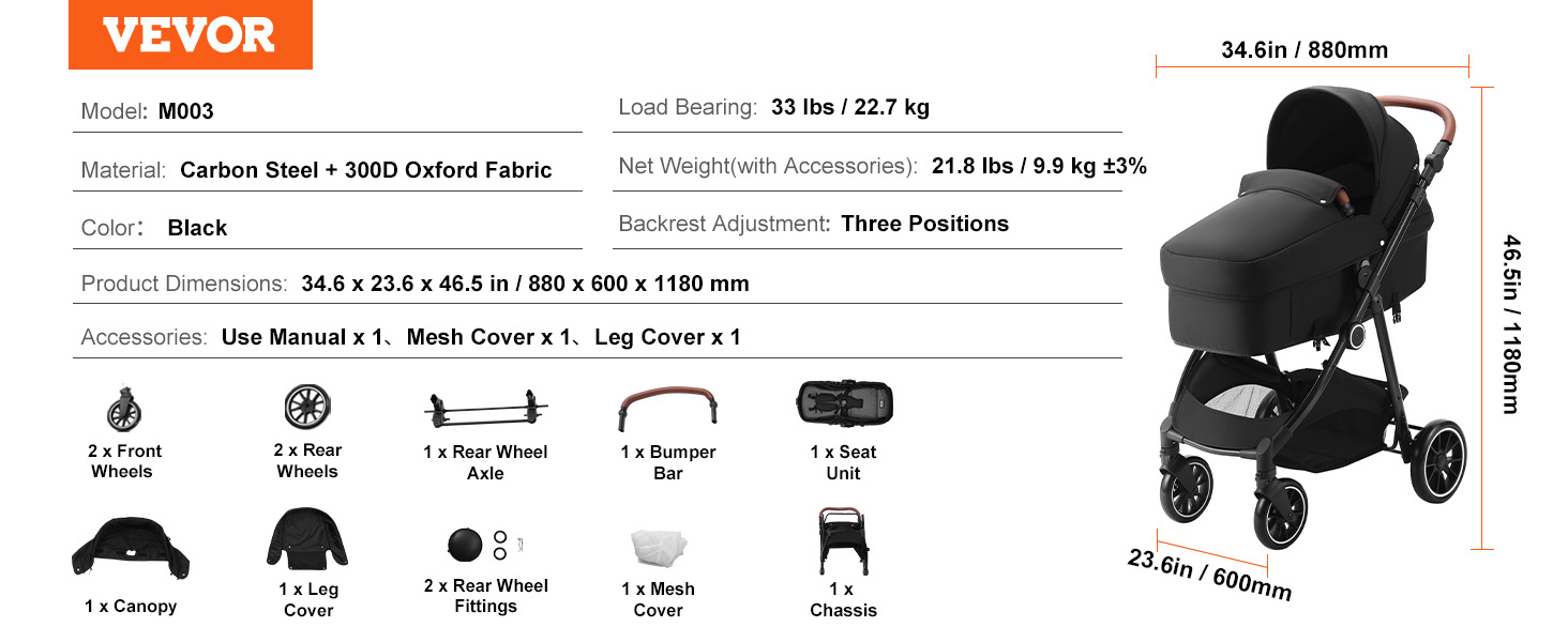 Standardní dětský kočárek VEVOR, kočárek pro kojence a batolata s korbičkou, 3. rychlostní stupeň, nastavitelná opěrka zad a skládací a otočné sedadlo, kočárek pro novorozence z uhlíkové oceli s krytem nohou a síťovinou, černý