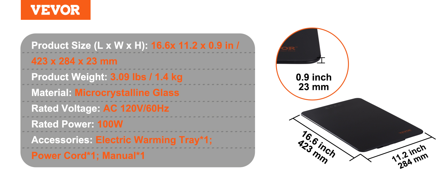 VEVOR Electric Warming Tray, 16.5" x 11" Portable Tempered Glass Heating Tray with Temperature Control (65-90℃), Perfect for Dinner, Catering, House, Parties, Events, Entertaining and Holiday, Black