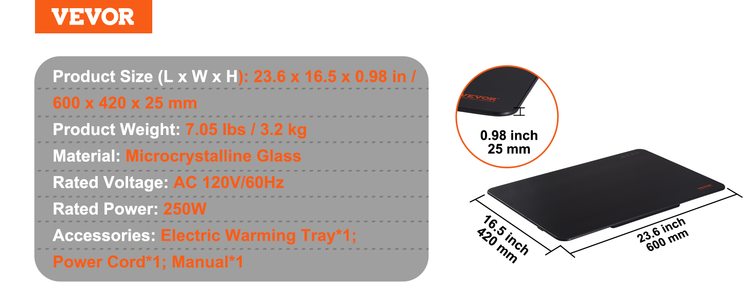 VEVOR Electric Warming Tray, 16.5" x 23.6" Portable Tempered Glass Heating Tray with Temperature Control (65-90℃), Perfect for Dinner, Catering, House, Parties, Events, Entertaining and Holiday, Black