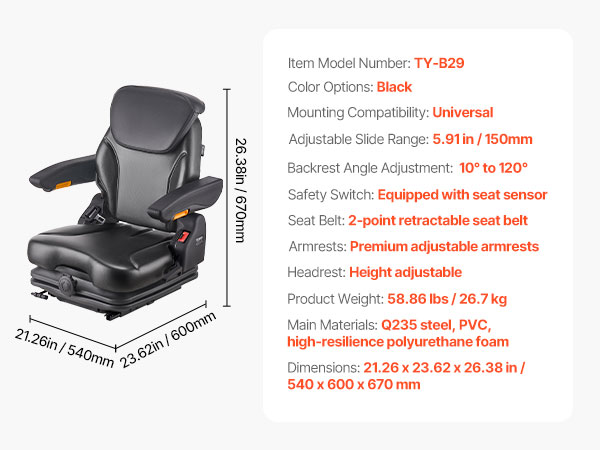 Shop VEVOR Forklift Seat Fold Down Tractor Suspension Seat Adjustable Back & Headrest - Dick Smith