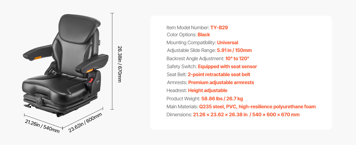 thumbnail image 2 of Universal Forklift Seat With Suspension – Fold Down, Adjustable Backrest & Headrest, Armrests 2 of 5