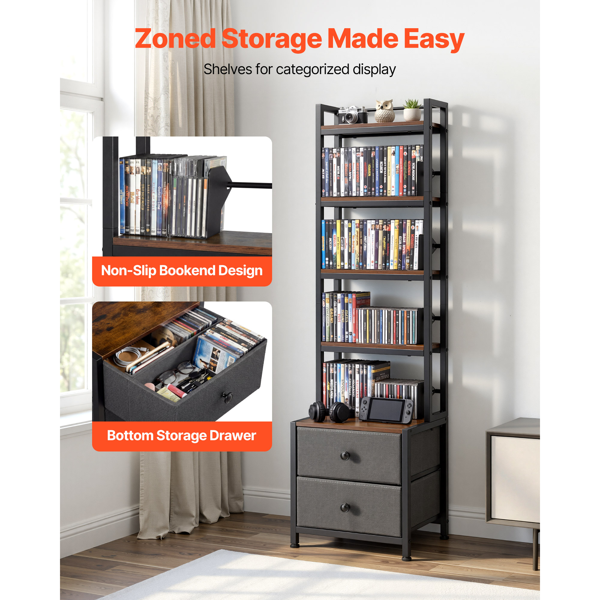 Uimoso Media Storage Cabinet with Adjustable Tiers and Multiple Compartments