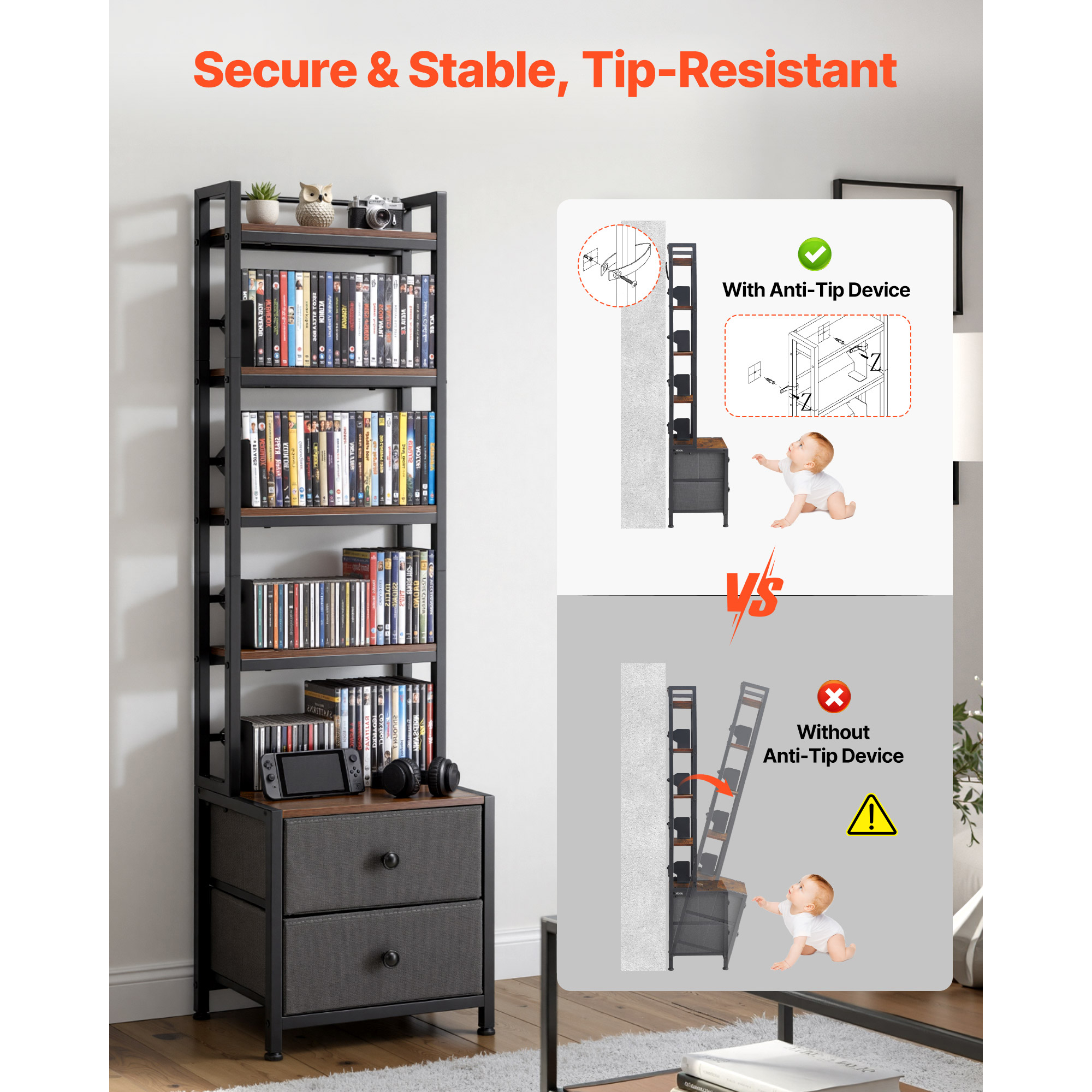 Uimoso Media Storage Cabinet with Adjustable Tiers and Multiple Compartments