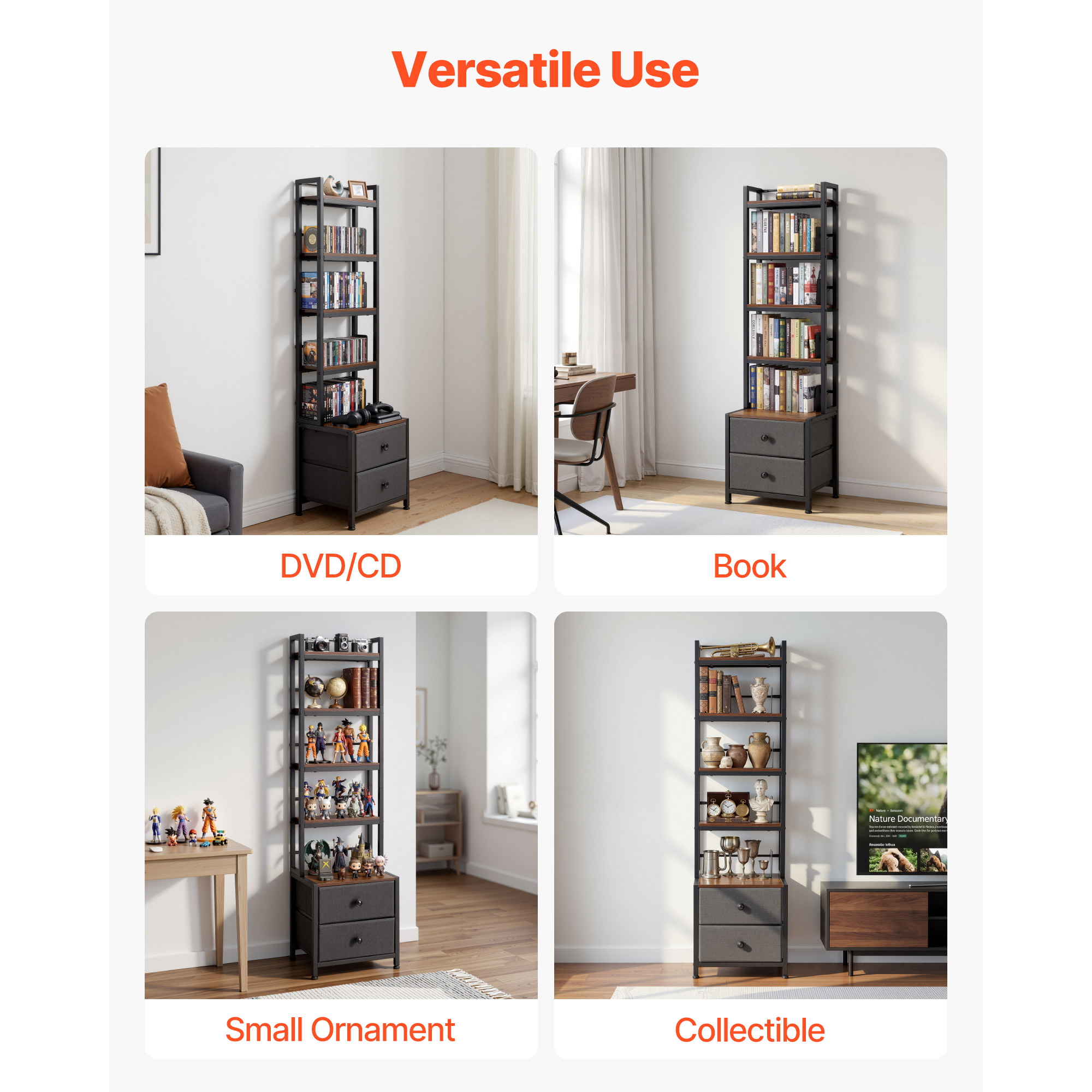 Uimoso Media Storage Cabinet with Adjustable Tiers and Multiple Compartments