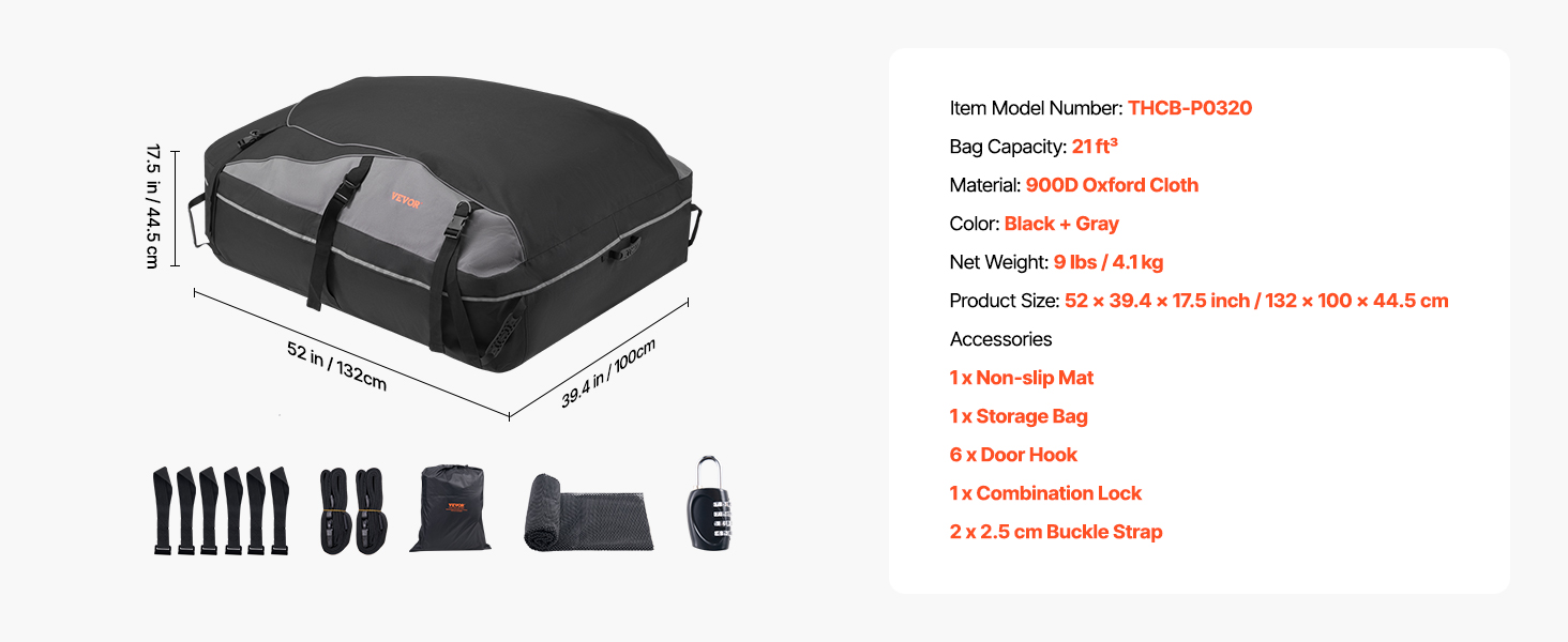 Car Rooftop Cargo Carrier Bag, 21 Cubic Feet, 900D Oxford Cloth