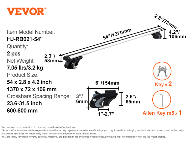 VEVOR Porte-Bagage pour Voiture 1305×915×127 mm Charge 90,7 kg