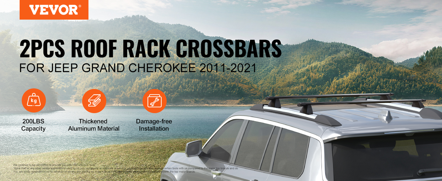 VEVOR Roof Rack Cross Bars, Compatible with 2011-2021 Jeep Grand Cherokee  with Grooved Side Rails, 200lbs Load Capacity, Aluminum Crossbars with