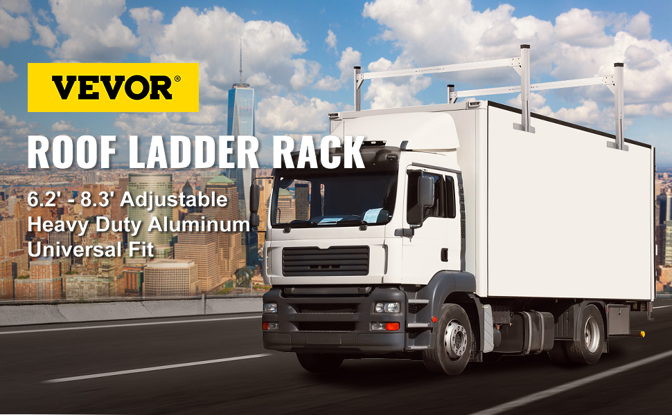 VEVOR Universal Roof Ladder Rack, Fit for 6.2'-8.3' Wide Vans, 2 Bars Adjustable Aluminum Trailer Ladder Rack with 330 LBS Capacity, for Cargo Vans Trucks or Pickups, Silver