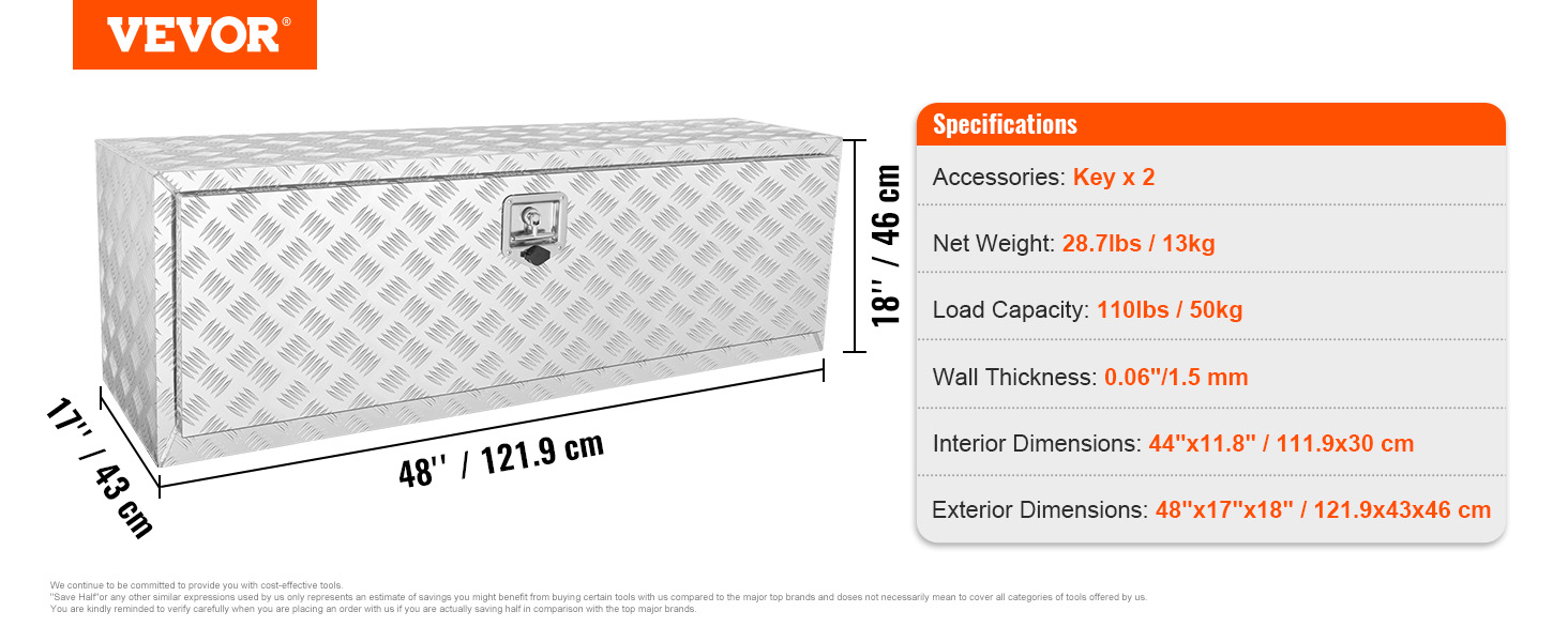 VEVOR Heavy Duty Aluminum Truck Bed Tool Box, Diamond Plate Tool