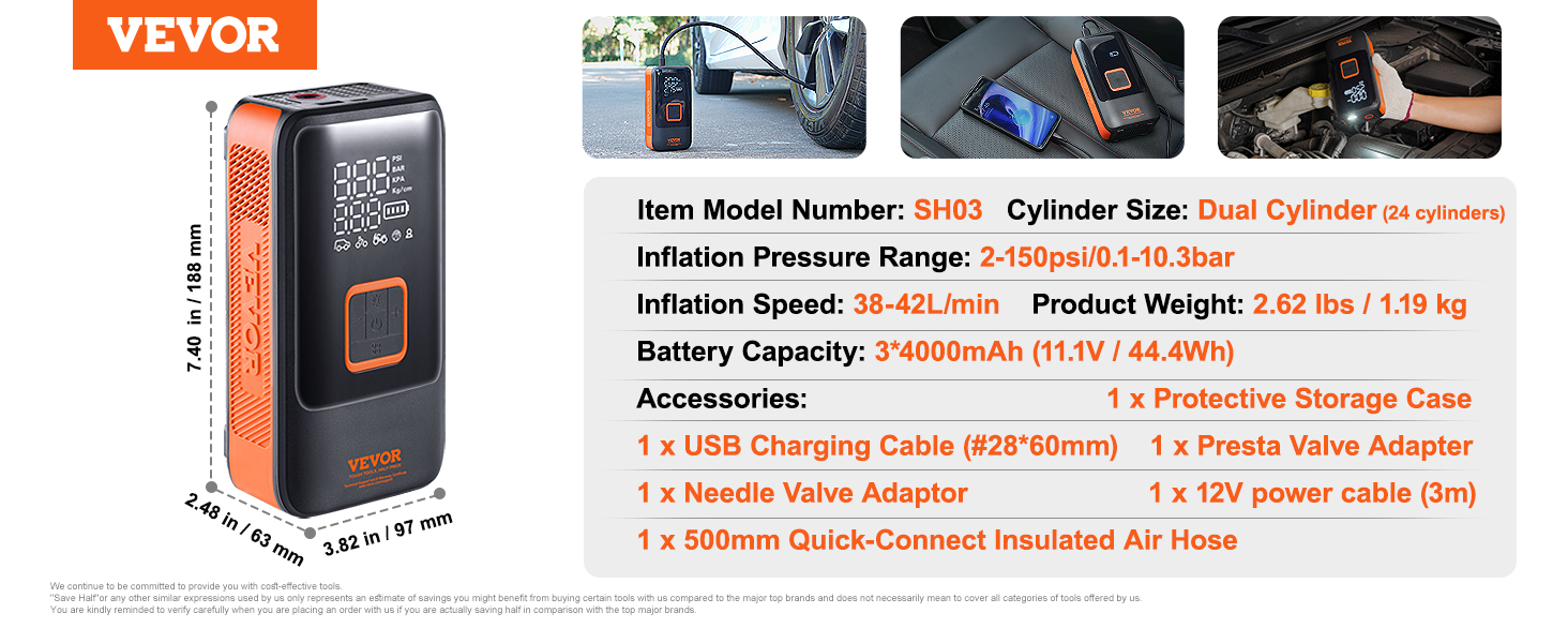 Portable Tire Inflator,Dual Cylinders,12000mAh