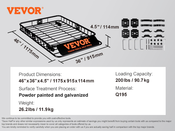 VEVOR Porte-Bagage pour Voiture 1175×915×114 mm Charge 90,7 kg