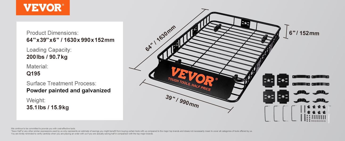 VEVOR Porte-Bagage pour Voiture 1630×990×152 mm Extensible 90,7 kg Panier  de Toit en Acier Galerie de Toit Universelle Aérodynamique pour Transporter