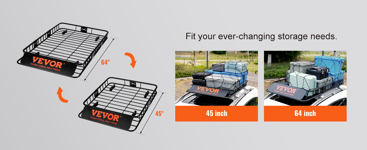 VEVOR VEVOR Roof Rack Cargo Basket 64 x 39 x 6 Rooftop Cargo Carrier with Extension Heavy duty Steel 200 LBS Capacity Universal Roof Rack Basket Luggage Holder for SUV Truck VEVOR