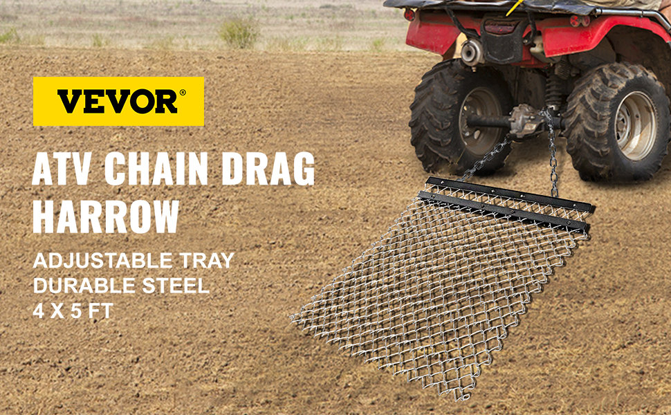 Herse Traînée En Acier 1,2x1,5m - Plateau Réglable, Chaîne 2,4m, Pour Tracteur, VTT, Nivellement Sol