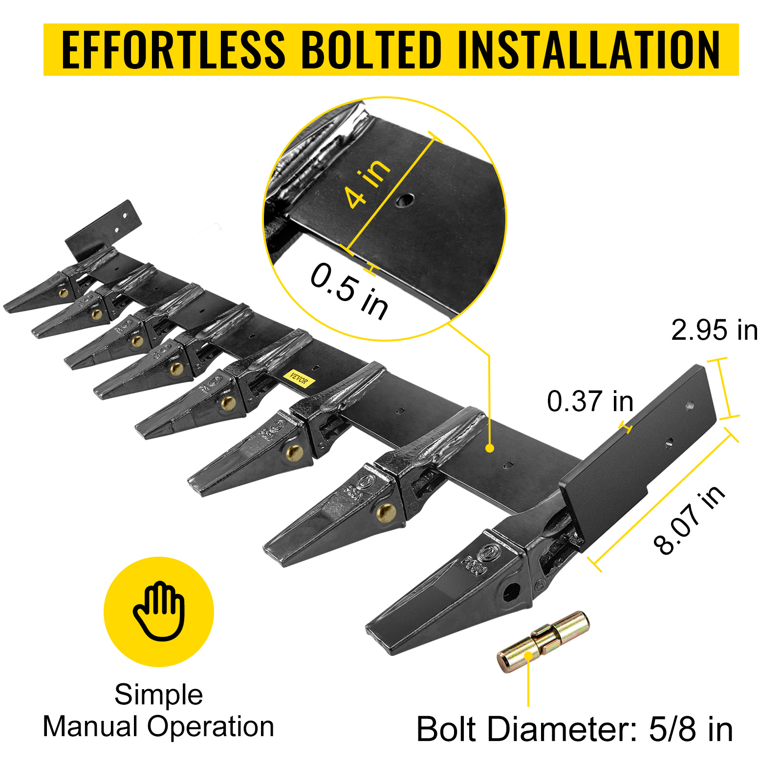 VEVOR Bucket Tooth Bar 72'' Inside Bucket Width Tractor Bucket Teeth 9.84'' Teeth Space Tooth Bar for Loader Bucket 23TF Bolt on Tooth Bucket Enables Penetration of Compacted Soil and Other Materials