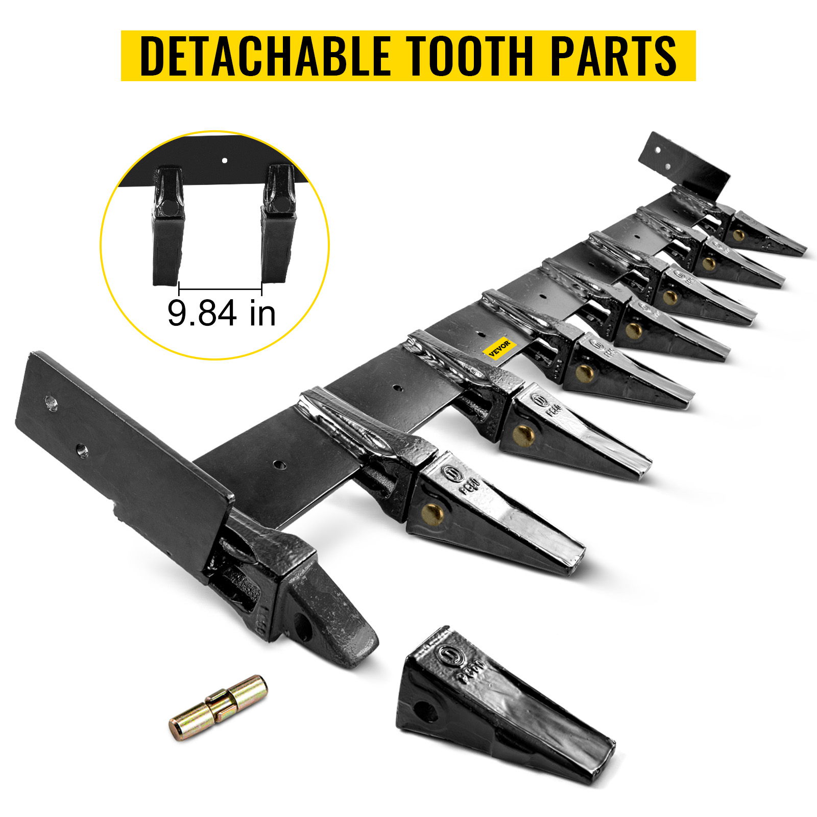 VEVOR Bucket Tooth Bar 72'' Inside Bucket Width Tractor Bucket Teeth 9.84'' Teeth Space Tooth Bar for Loader Bucket 23TF Bolt on Tooth Bucket Enables Penetration of Compacted Soil and Other Materials