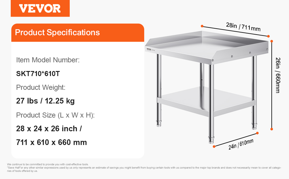 VEVOR stainless steel work table dimensions and specifications: 28 x 24 x 26 inches, 27 lbs.