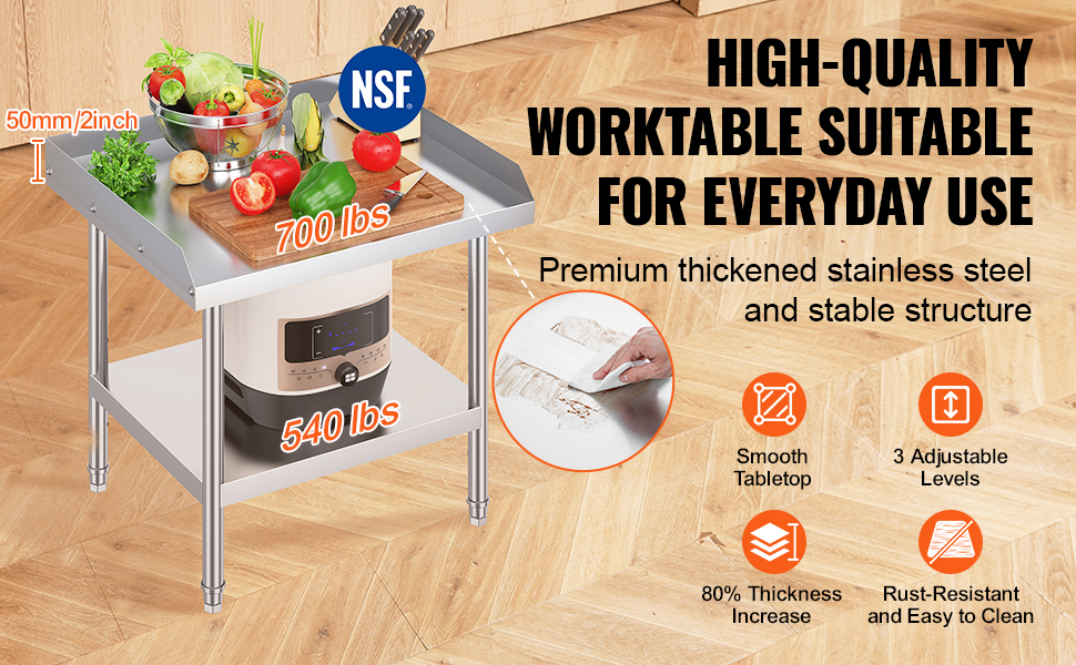 VEVOR stainless steel work table with adjustable levels, nsf certification, supports 700 lbs, and is rust-resistant.