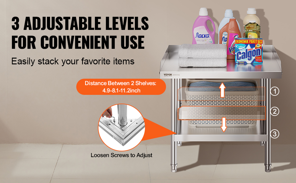 VEVOR stainless steel work table with 3 adjustable levels for convenient storage and organization.