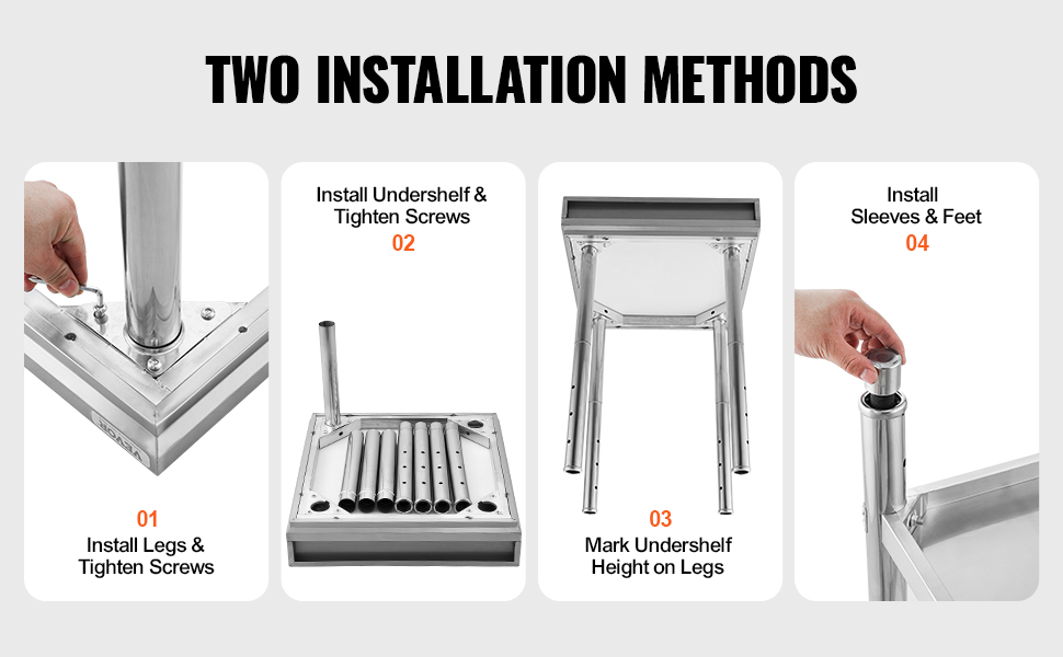 two installation methods for VEVOR stainless steel work table: install legs, undershelf, mark height, add sleeves.