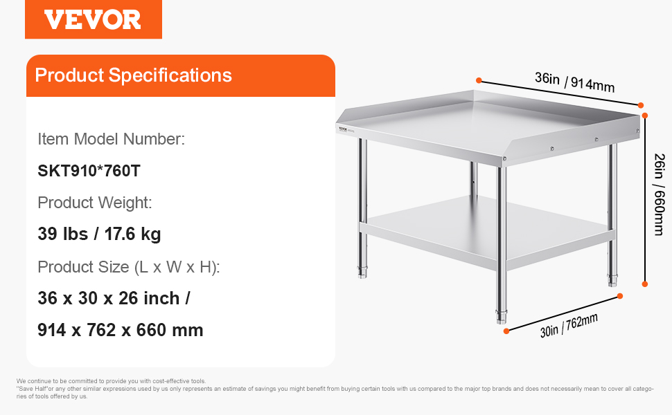 VEVOR Stainless Steel Work Table, 30 x 36 x 26 Inch Commercial Food ...