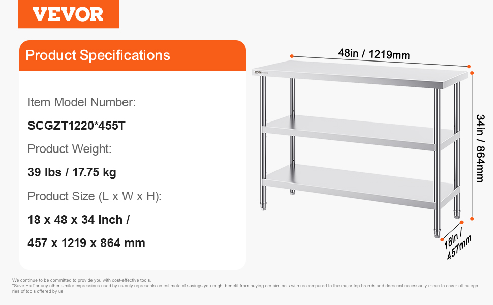 VEVOR stainless steel food prep table with 3 shelves, 48in x 18in x 34in, 39lbs.