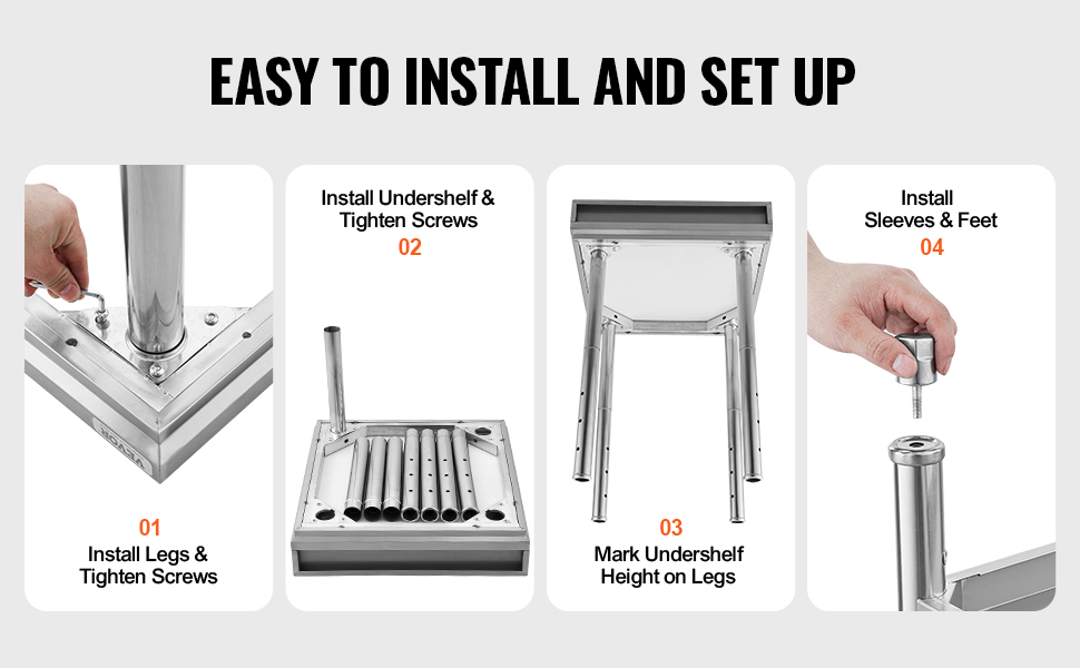 step-by-step assembly of VEVOR stainless steel food prep table, showcasing easy installation process.