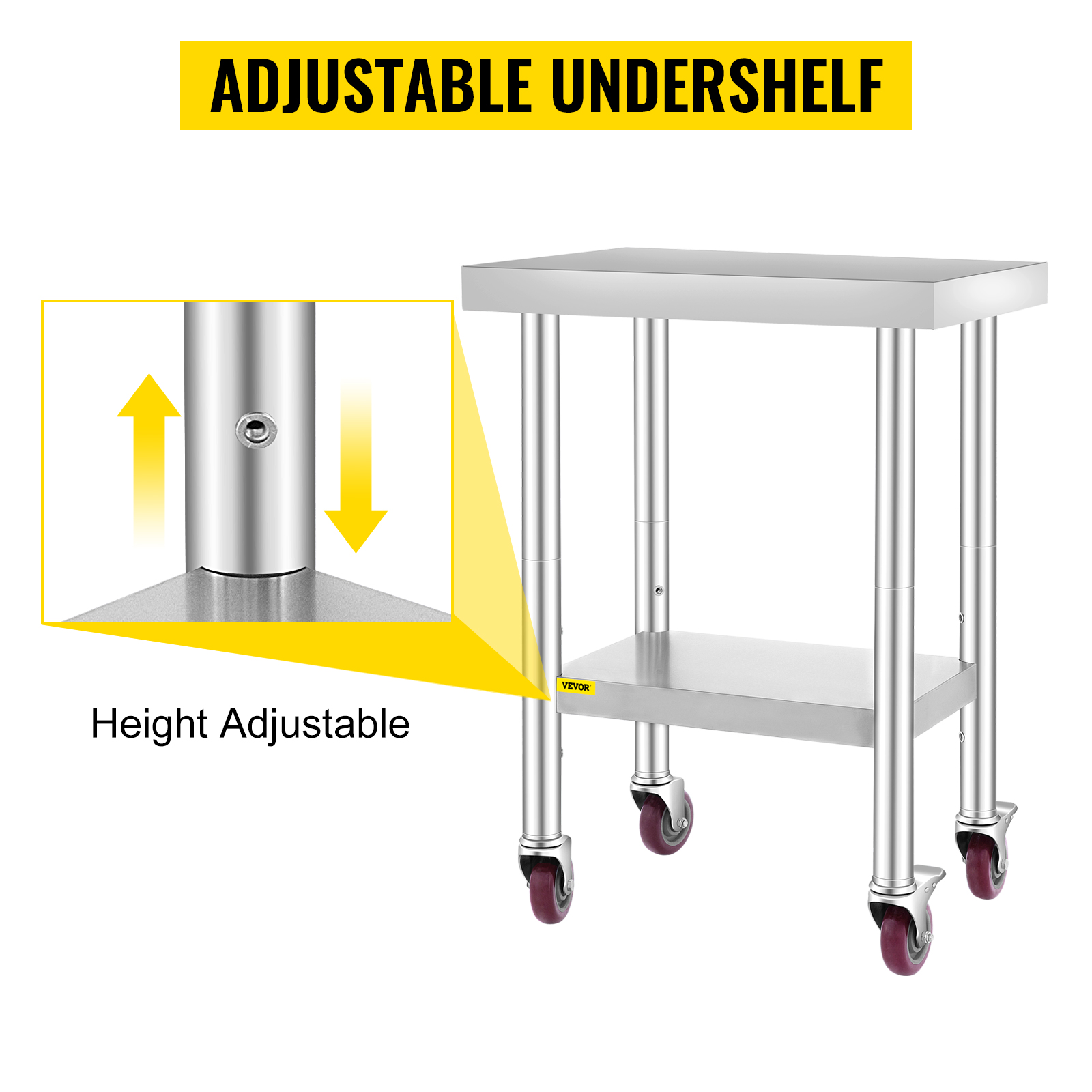 Work Table with Wheels 24"X18" Stainless Steel Food Prep Adjustable Undershelf 