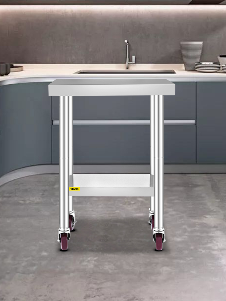 VEVOR VEVOR Stainless Steel Catering Work Table 24x18 Inch Commercial  Kitchen Table with 4 Wheels Commercial Food Prep Workbench with Flexible  Adjustment Shelf for Kitchen Prep Table