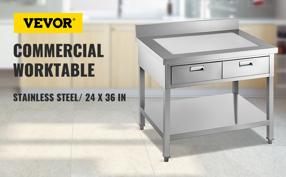 VEVOR Commercial Worktable Workstation 24 x 36 inch Commercial Food Prep  Worktable with 2 Drawers, Undershelf and Backsplash, 992 lbs Load Stainless  Steel Kitchen Island for Restaurant, Home and Hotel 