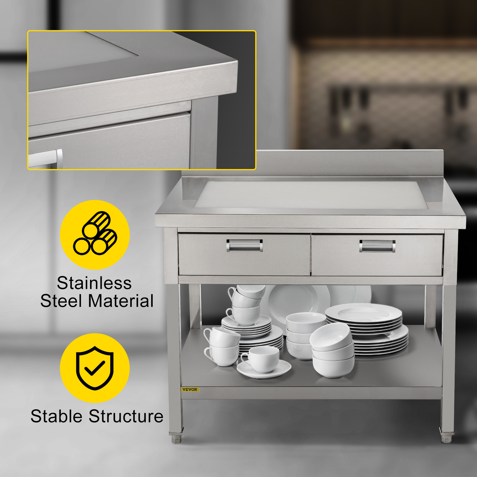 Table De Travail En Acier Inoxydable 61x61x66 Cm – Dosseret 3 Côtés, Étages Réglables, Pour Cuisine Professionnelle