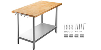 VEVOR Maple Top Work Table, Stainless Steel Kitchen Prep Table Wood, 36 x 24 Inches Metal Kitchen Table with Lower Shelf and Feet Stainless Steel Table for Prep & Work Outdoor Prep Table for Kitchen 