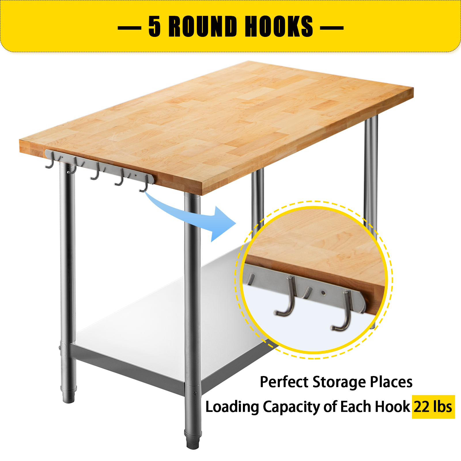 VEVOR Maple Top Work Table, Stainless Steel Kitchen Prep Table Wood, 36 x 30 Inches Metal Kitchen Table with Lower Shelf and Feet Stainless Steel Table for Prep & Work Outdoor Prep Table for Kitchen 
