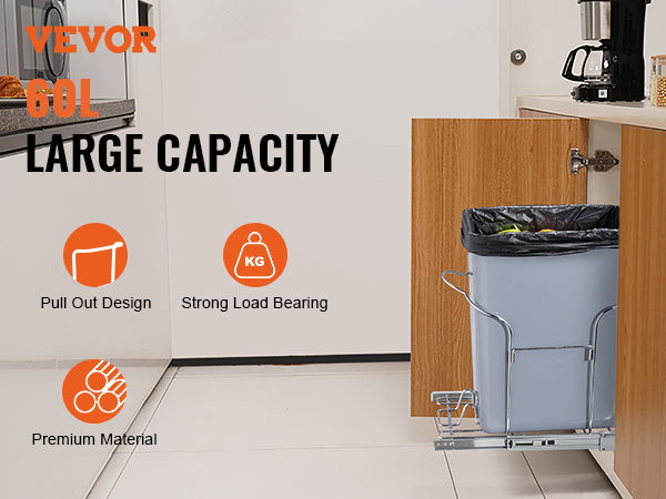 VEVOR Pull-Out Trash Can, 35L Single Bin, Under Mount Kitchen Waste Container with Slide, Handle and Door Mounting Kit, 110 lbs Load Capacity Heavy