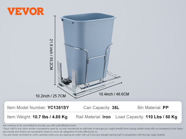 VEVOR 9 Gal. Pull-Out Trash Can 44 lbs. Load Capacity 2 Bins Under Mount  Kitchen Waste Container with Soft-Close Slides, Grey CJLMSTLLJT70LZM3PV0 -  The Home Depot