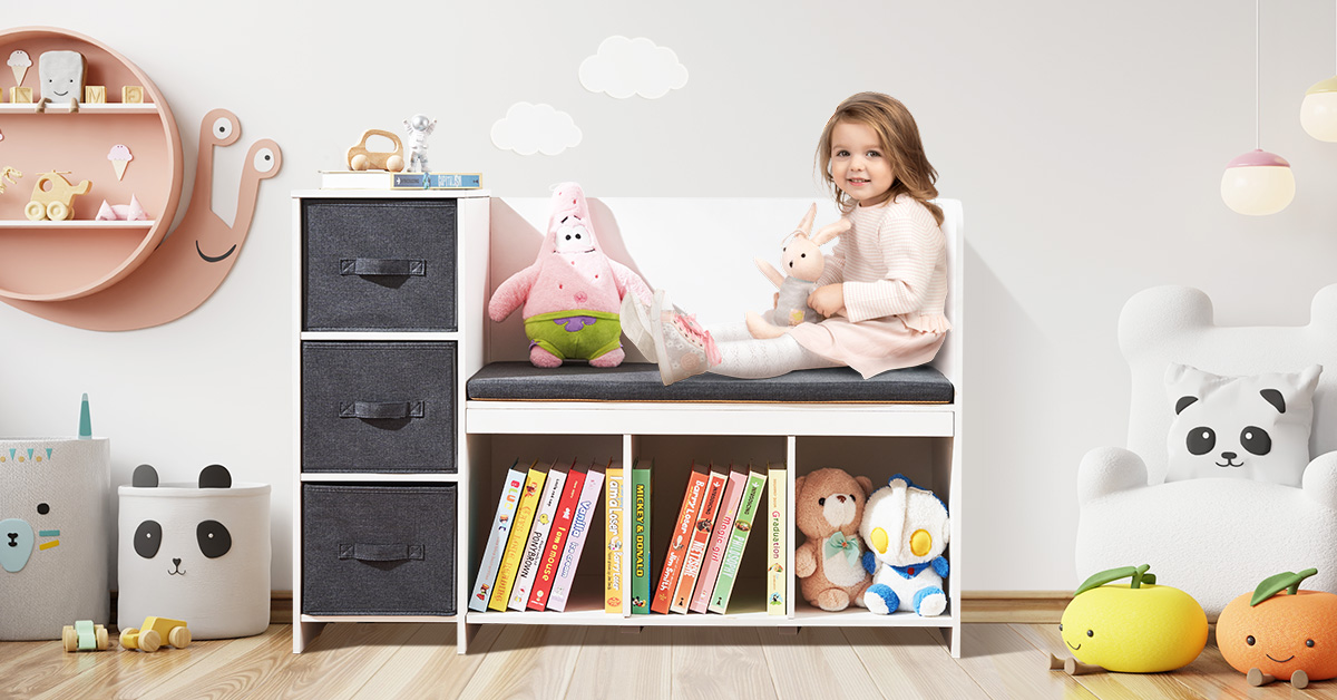 Banc De Lecture Avec Étagère Pour Enfants - Coffre à Jouets Avec Tiroirs - 100 X 45 X 70 Cm - Rose Et Blanc