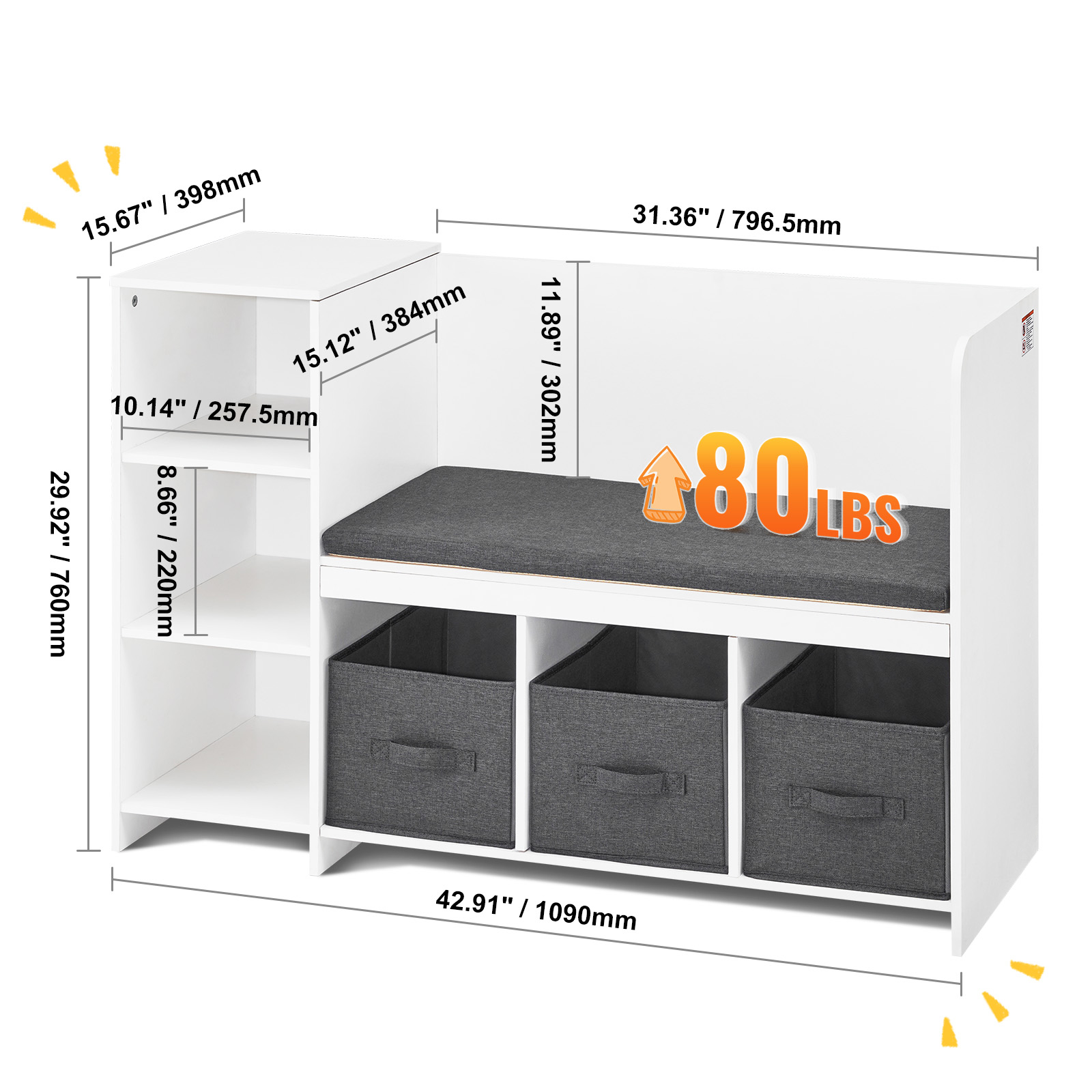 Uimoso Kids Toy Storage Bench Wooden Toy Box Cubby Bookshelf 32.68/38.98/43.11" - Picture 40 of 50